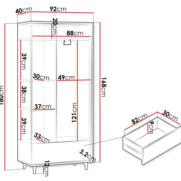 Armadio 92x180h cm 2 ante 1 cassetto cannettato soggiorno cannettato rovere Branch