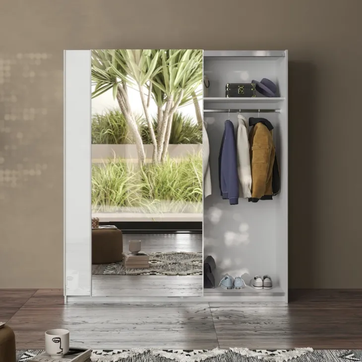 Armadio 180x210h cm 2 ante con 1 anta a specchio bianco lucido Clappy