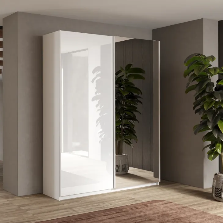Armadio 180x210h cm 2 ante con 1 anta a specchio bianco lucido Clappy