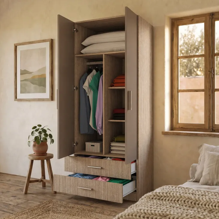 Armadio 80x191h cm 2 ante con cassetti moderno rovere scuro marrone Carlino