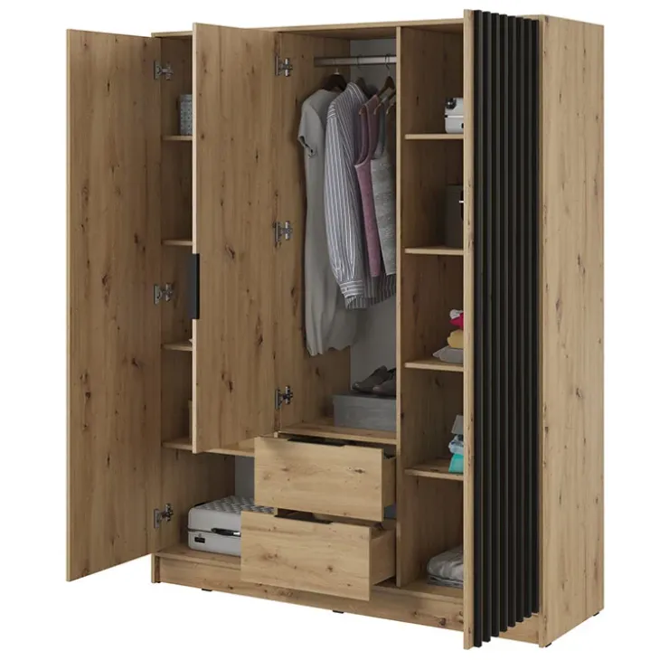 Armadio 155x200h cm 3 ante con cassetti moderno quercia nero Miller