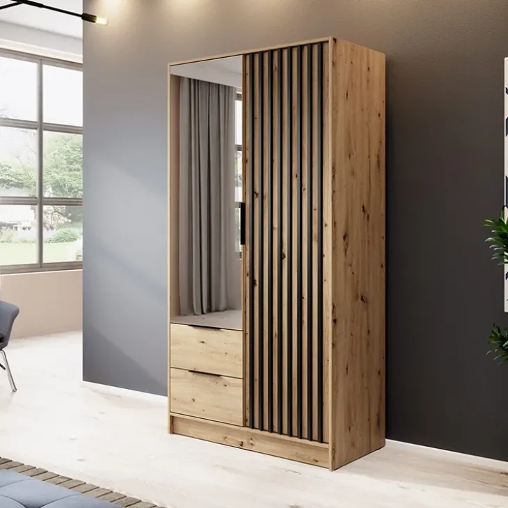 Armadio 105x200h cm 2 ante con specchio quercia nero Miller