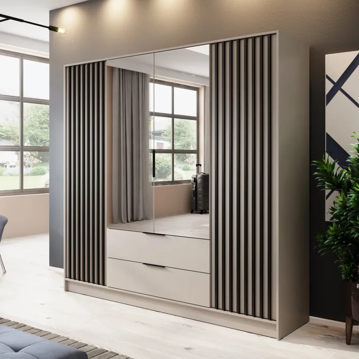Armadio 206x200h cm 4 ante con specchio moderno beige cashmere Miller