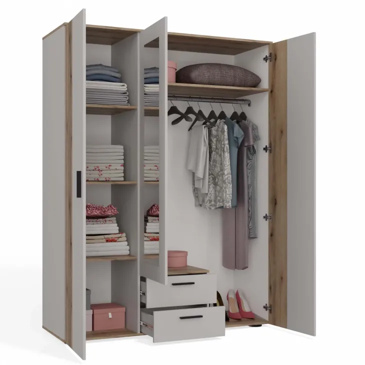 Armadio 150x200h cm 3 ante con specchio e 2 cassetti beige cashmere rovere Parker