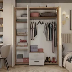 Armadio 150x200h cm 3 ante con specchio e 2 cassetti beige cashmere rovere Parker