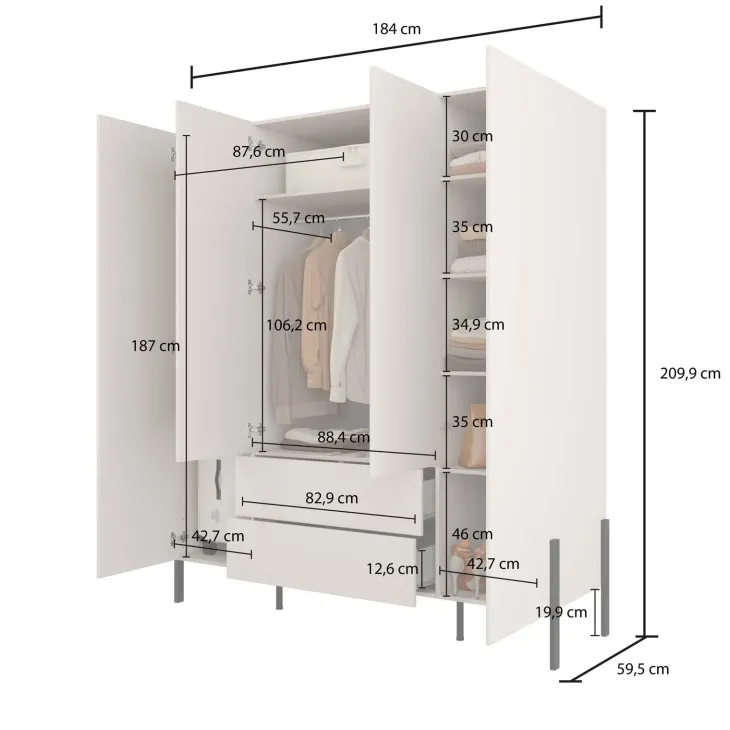 Armadio 184x210h cm 4 ante e 2 cassetti beige cashmere Simple