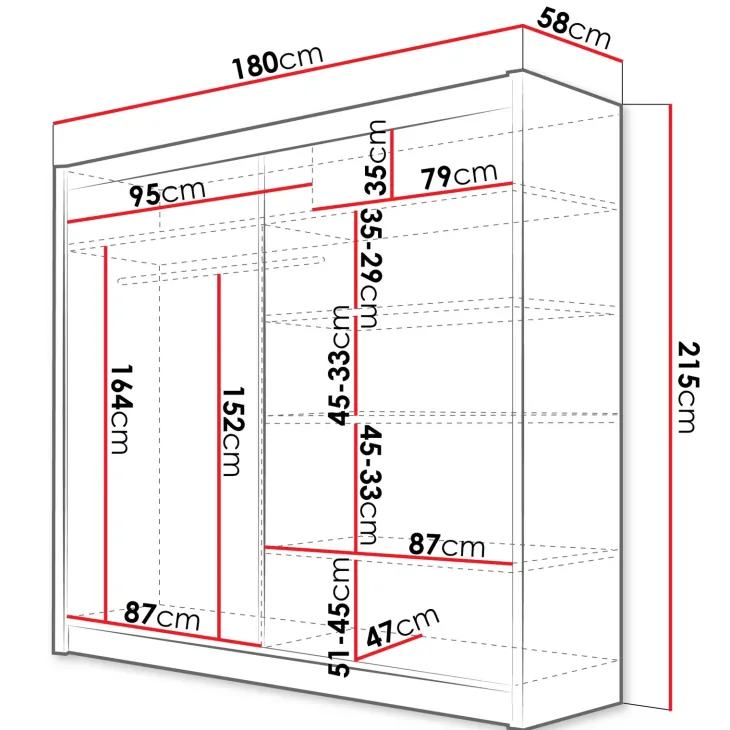 Armadio 180x215h cm 2 ante scorrevoli con specchio centrale bianco opaco Karl