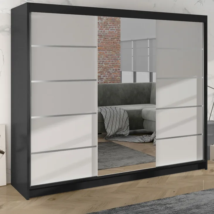Armadio 200x215h cm 3 ante scorrevoli con specchio nero bianco opaco Silven