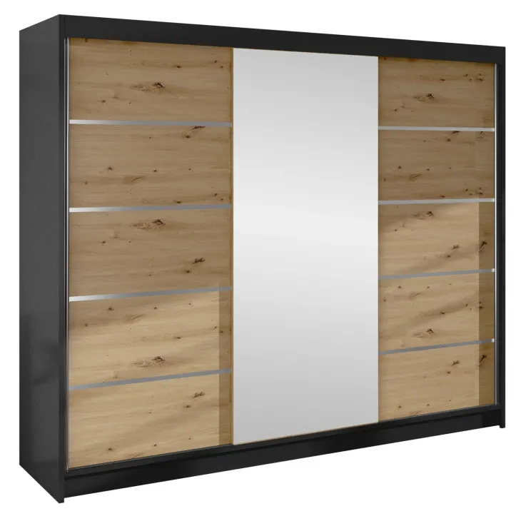 Armadio 200x215h cm 3 ante scorrevoli con specchio rovere nero opaco Silven