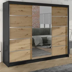 Armadio 200x215h cm 3 ante scorrevoli con specchio rovere nero opaco Silven