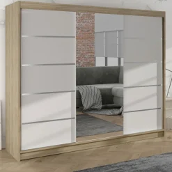 Armadio 200x215h cm 3 ante scorrevoli con specchio rovere sonoma bianco opaco Silven