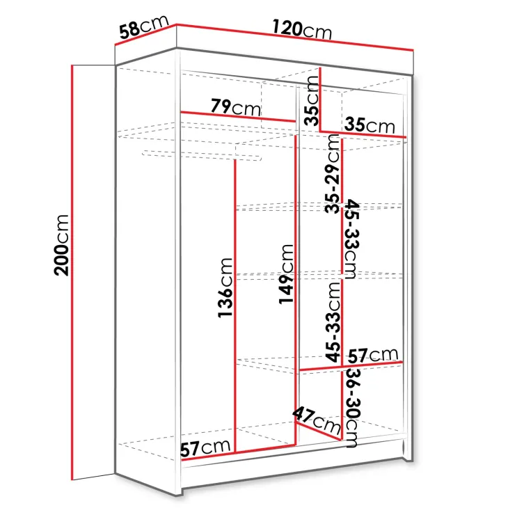 Armadio 120x200h cm 2 ante scorrevoli con specchio bianco Tancredi