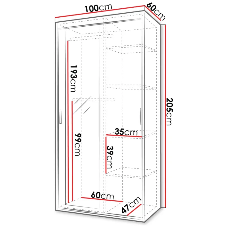 Armadio 100x205h cm 2 ante scorrevoli con specchio bianco Boselia