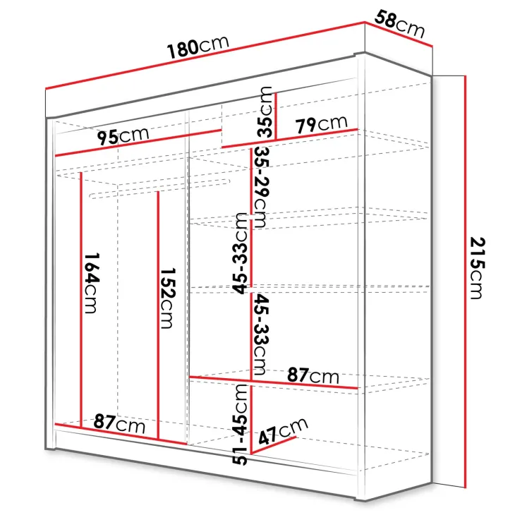 Armadio 180x215h cm 2 ante scorrevoli con specchio laterale bianco opaco Karl