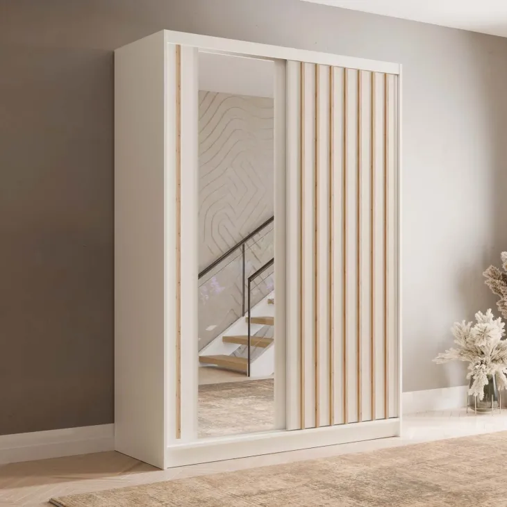 Armadio 155x215h cm 2 ante scorrevoli cannettato con specchio bianco rovere Vance