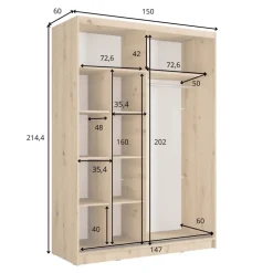 Armadio 155x215h cm 2 ante scorrevoli cannettato con specchio bianco rovere Vance