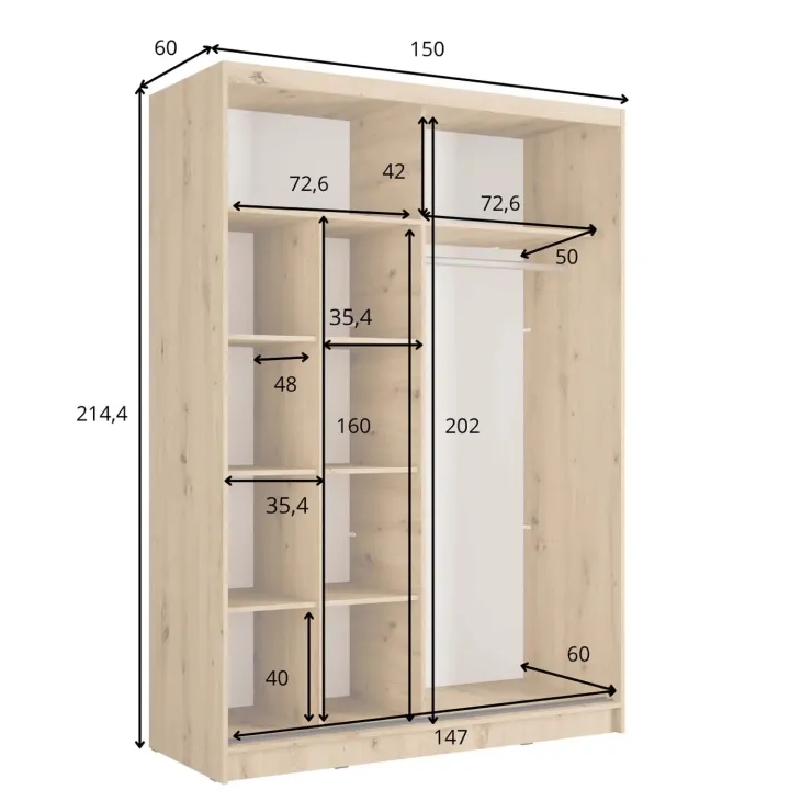 Armadio 155x215h cm 2 ante scorrevoli cannettato con specchio nero rovere Vance