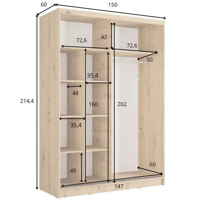 Armadio 155x215h cm 2 ante scorrevoli cannettato con specchio rovere nero Vance