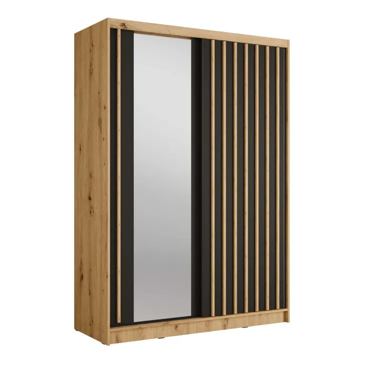 Armadio 155x215h cm 2 ante scorrevoli cannettato con specchio rovere nero Vance