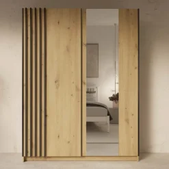 Armadio 150x198h cm 2 ante scorrevoli cannettato con specchio rovere antracite Cannes