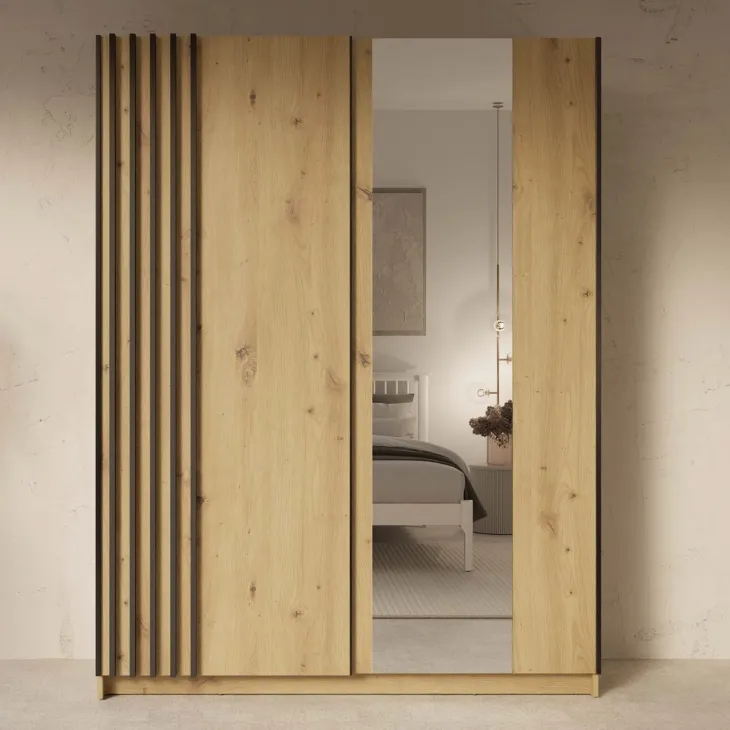 Armadio 150x198h cm 2 ante scorrevoli cannettato con specchio rovere antracite Cannes