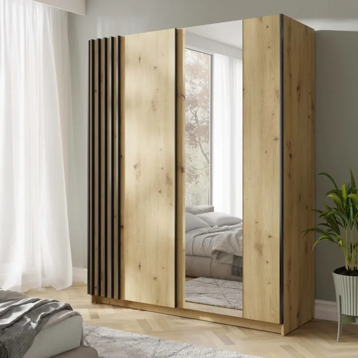 Armadio 150x198h cm 2 ante scorrevoli cannettato con specchio rovere antracite Cannes