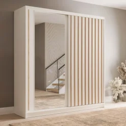 Armadio 205x215h cm 2 ante scorrevoli cannettato con specchio bianco rovere Vance