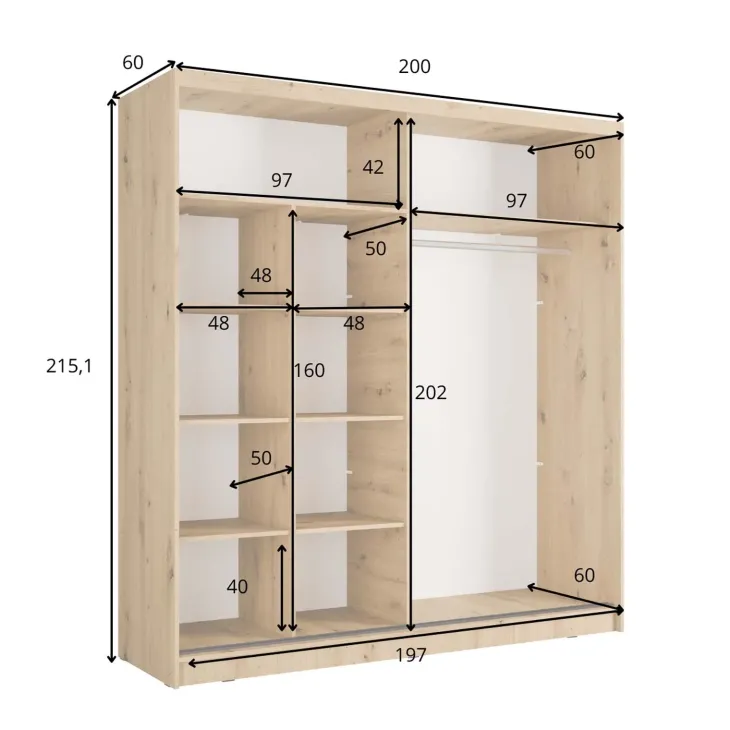 Armadio 205x215h cm 2 ante scorrevoli cannettato con specchio nero rovere Vance