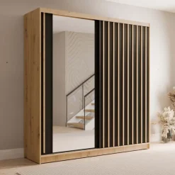 Armadio 205x215h cm 2 ante scorrevoli cannettato con specchio rovere nero Vance