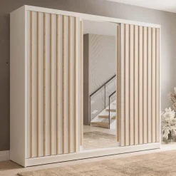 Armadio 248x215h cm 3 ante scorrevoli cannettato con specchio bianco rovere Vance