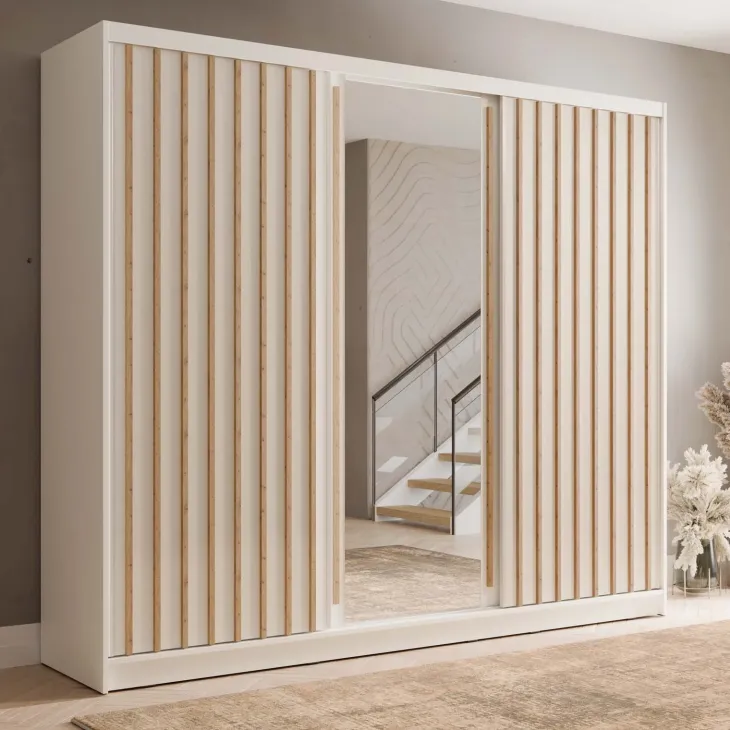 Armadio 248x215h cm 3 ante scorrevoli cannettato con specchio bianco rovere Vance