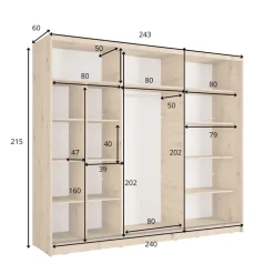 Armadio 248x215h cm 3 ante scorrevoli cannettato con specchio nero rovere Vance
