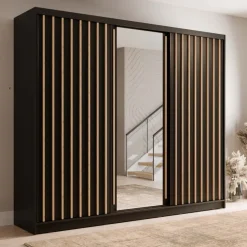 Armadio 248x215h cm 3 ante scorrevoli cannettato con specchio nero rovere Vance