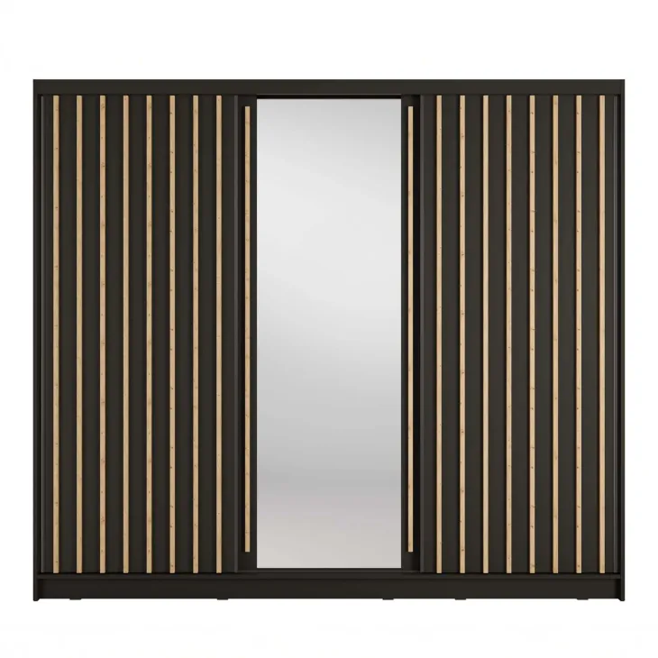 Armadio 248x215h cm 3 ante scorrevoli cannettato con specchio nero rovere Vance