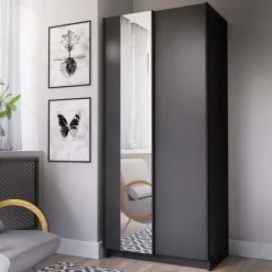 Armadio 80x182h cm 2 ante scorrevoli con specchio nero Medora