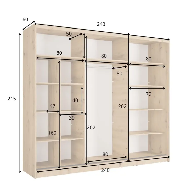 Armadio 248x215h cm 3 ante scorrevoli cannettato con specchio rovere nero Vance