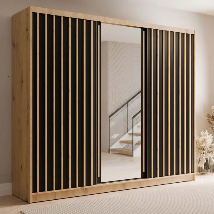 Armadio 248x215h cm 3 ante scorrevoli cannettato con specchio rovere nero Vance