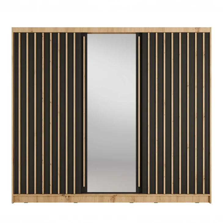 Armadio 248x215h cm 3 ante scorrevoli cannettato con specchio rovere nero Vance