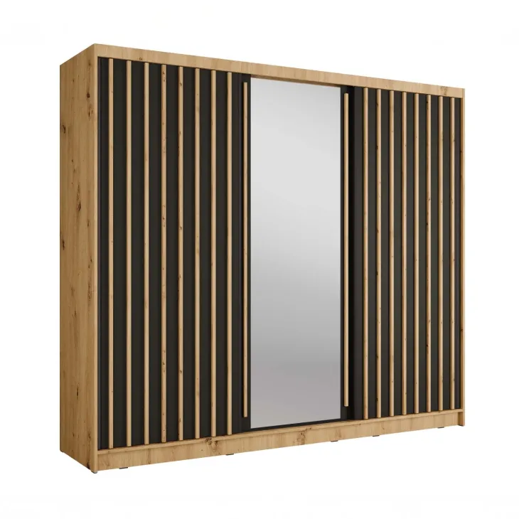 Armadio 248x215h cm 3 ante scorrevoli cannettato con specchio rovere nero Vance