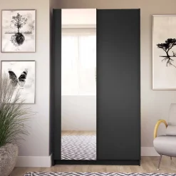 Armadio 100x182h cm 2 ante scorrevoli con specchio nero Medora