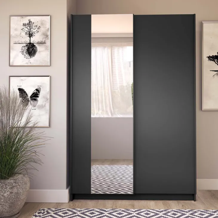 Armadio 120x182h cm 2 ante scorrevoli con specchio nero Medora
