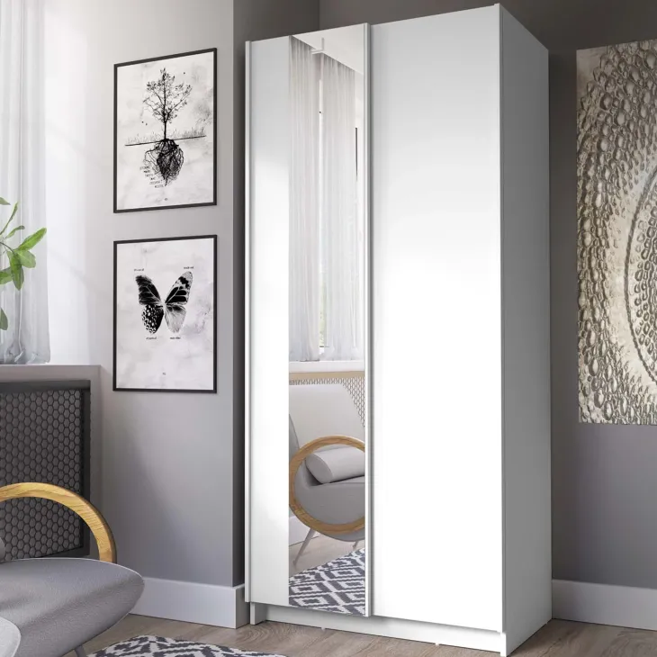 Armadio 80x182h cm 2 ante scorrevoli con specchio bianco Medora