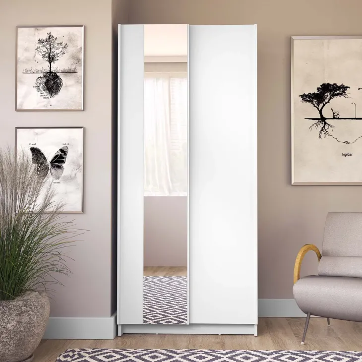 Armadio 80x182h cm 2 ante scorrevoli con specchio bianco Medora