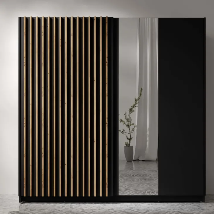 Armadio 200x198h cm 2 ante scorrevoli cannettato con specchio nero rovere Ophelia