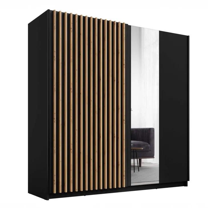 Armadio 200x198h cm 2 ante scorrevoli cannettato con specchio nero rovere Ophelia