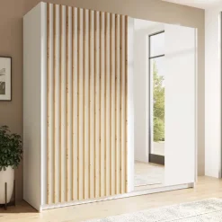 Armadio 200x198h cm 2 ante scorrevoli cannettato con specchio bianco rovere Ophelia