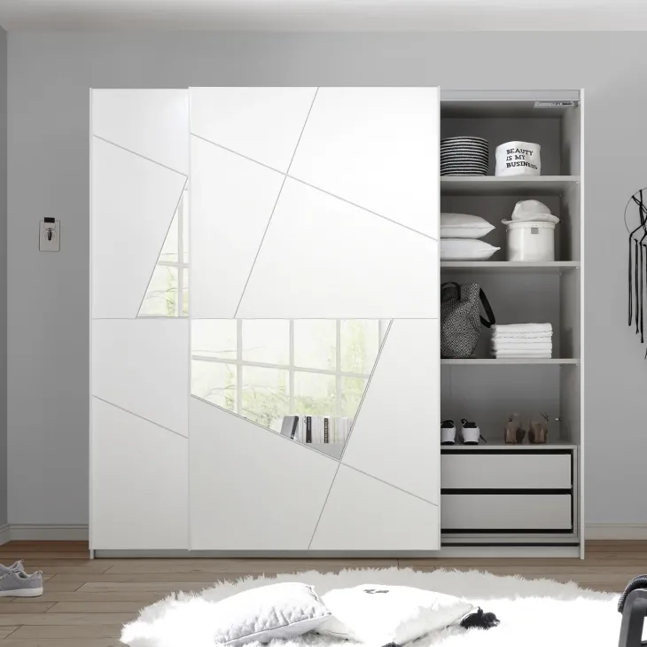 Armadio 243x230h cm 2 ante scorrevoli bianco frassinato opaco con serigrafia e specchio Olimpo