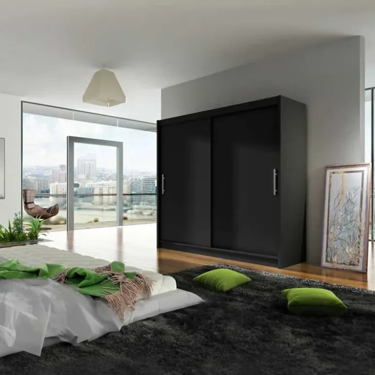 Armadio 180x215h cm 2 ante scorrevoli design moderno nero Aisha