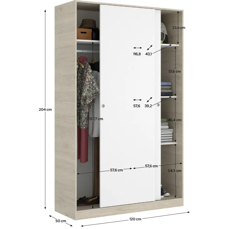 Armadio 120x204h cm 2 ante scorrevoli rovere bianco opaco Royal