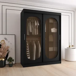 Armadio 150x200h cm 2 ante scorrevoli vetrate nero opaco Elmor